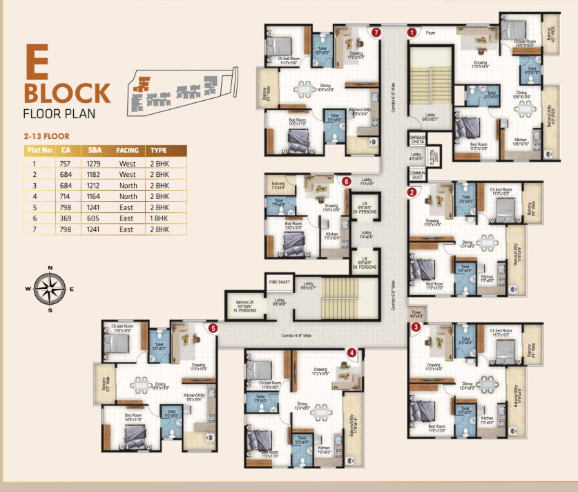 Block E - Detailed floor plans for Block E apartments