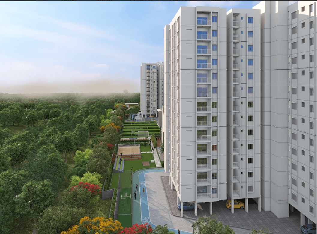 Aerial view showing multiple residential towers, swimming pool, sports courts and green spaces